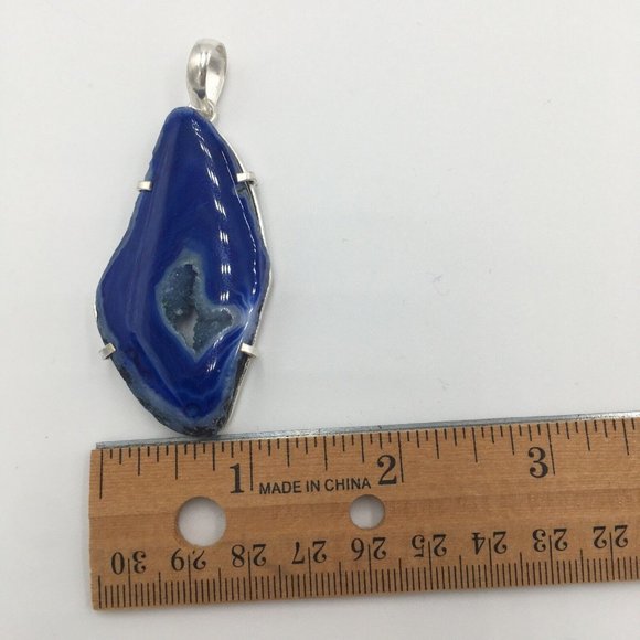 Gorgeous Blue AGATE SLICE Quartz Crystal GEODE Sterling Silver Set PENDANT, NEW - Picture 7 of 7